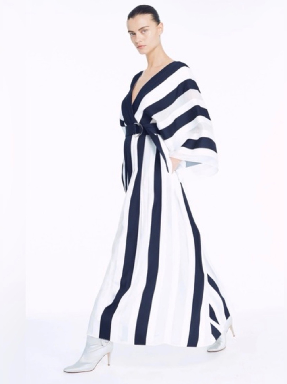 ADAM LIPPES Collective Dress Navy Stripe Kimono Sleeve Double V Pockets Size 14